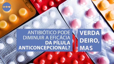 cartela de pílulas e texto afirmando que antibiótico pode diminuir a eficácia da pilula.