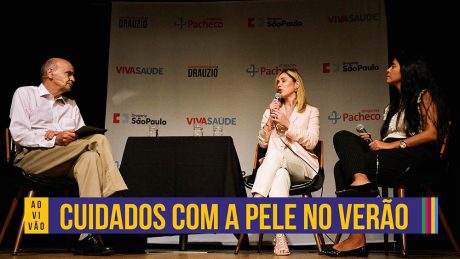 Thumbnail com dr. Drauzio à esquerda conversando com duas dermatologistas à direita e o texto "cuidados com a pele no verão".