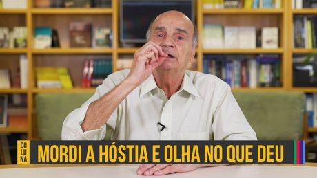 Thumbnail com dr. Drauzio e o texto "mordi a hóstia e olha no que deu", referente a uma história da infância do dr. Drauzio.